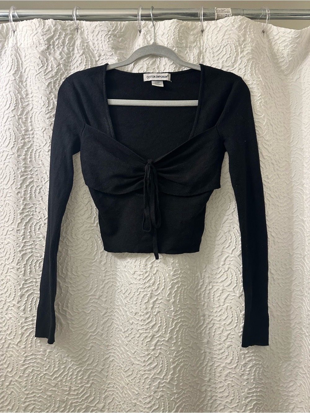 Cotton Emporium Black Tie-Front Long Sleeve Crop Top - Square Neck